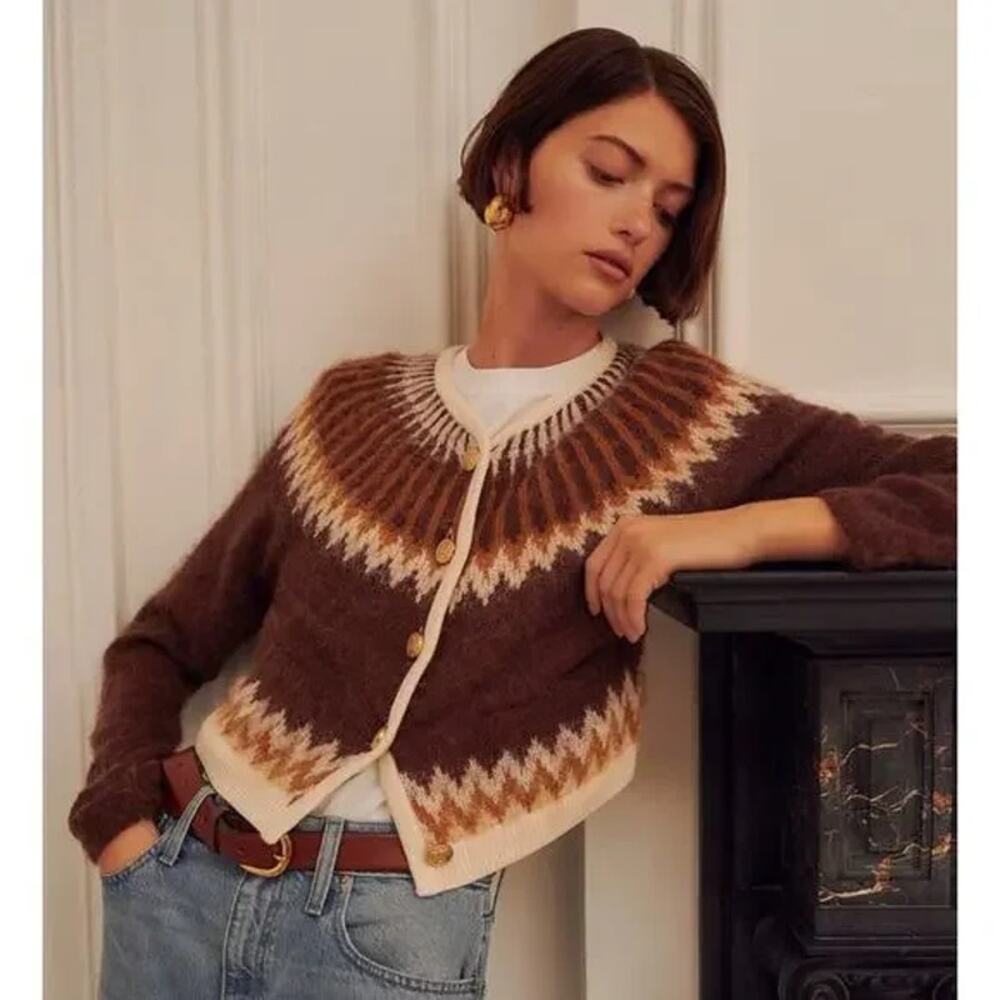 J.Crew Fair Isle Brushed Yarn Brown Cardigan Sweater Size Large